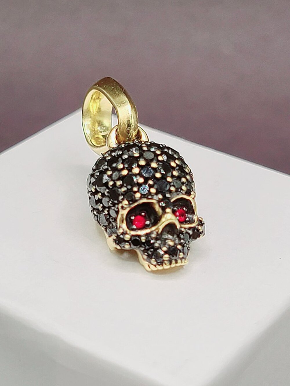 David Yurman Memento Mori Skull Pendant w/ Black Diamonds, 18K Gold & Rubies
